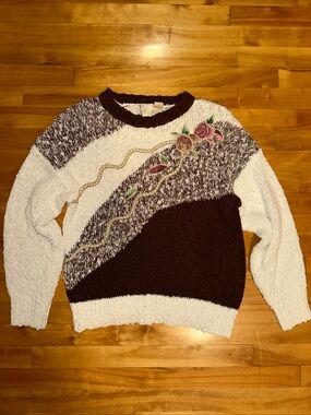 Vintage Needles & Yarn Floral Beaded Sweater Large Brown Cream Colorblock 80s 90